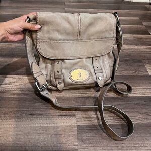 Fossil Maddox Flap Grey Tan Leather Crossbody Bag Vintage Y2K